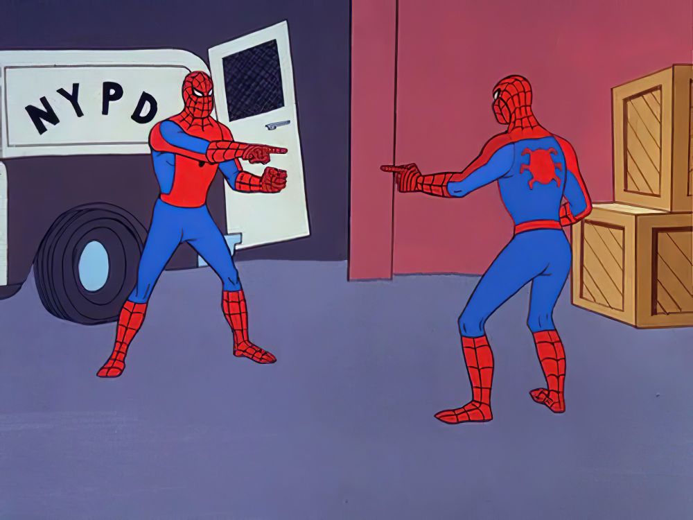 Two Spidermans pointing at each other accusatorially because they are identical