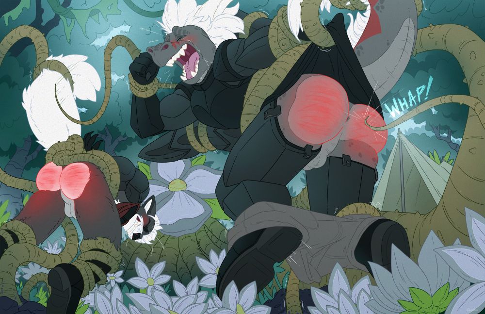 A cyborg-like dragon is hoisted in the air with his compatriot for a good, thorough spanking from a guardian plant deity. Evidently, they’d chosen to camp too close to its field of rare flowers… the dragon’s limbs and wings are all mechanical, but unfortunately, his butt is not, and he is crying out in pain as a tendril whips him. The plant has them both bound up tight, tails lifted out of the way and pants pulled down.