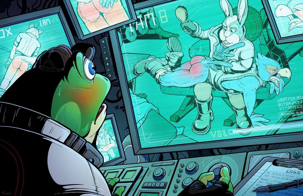 Slippy watches from a control panel as Peppy spanks Falco with a hairbrush on a large monitor. He is cranking up the volume, blushing while gaping at the sight. On a nearby monitor, Fox stands in the corner with his own red ass on display. Various spankings are on other monitors, including a close-up of Falco crying. Peppy looks pleased to be spanking them. Based off a Star Fox story by Manicorn (“Peppy’s Tour of Discipline”) 