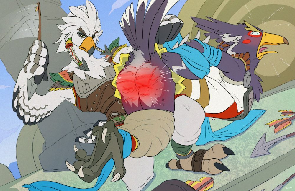Teba from Breath of the Wild has Revali over one knee for a spanking. Revali is bare assed, his pants to mid-thigh. He is squawking indignantly as Teba uses a thick switch to leave angry red marks across his buttcheeks. They are outside, on the upper deck of Vah Medoh (where you fight Wind Blight). A quiver and multiple arrows have been discarded nearby. Perhaps this is a dispute over an archery demonstration….