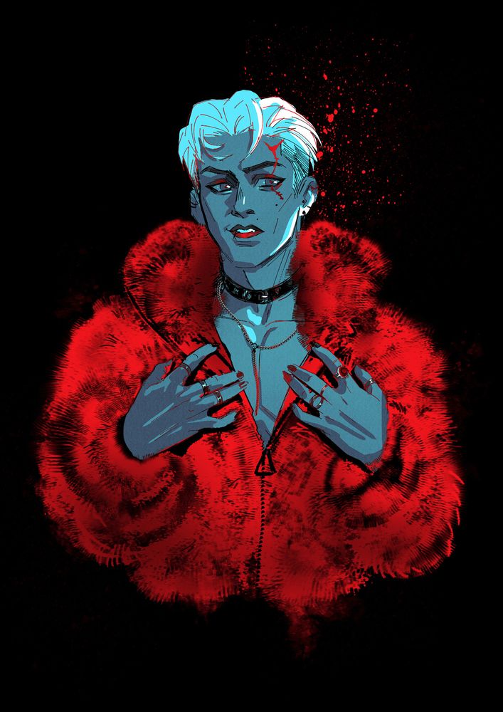 An inked and simply shaded illustration of my oc EZ in a red fuzzy jacket on a black background. EZ is a young undead man with white partially slicked back hair and a bullet wound scar across his left eye. He wears a cocky expression. 