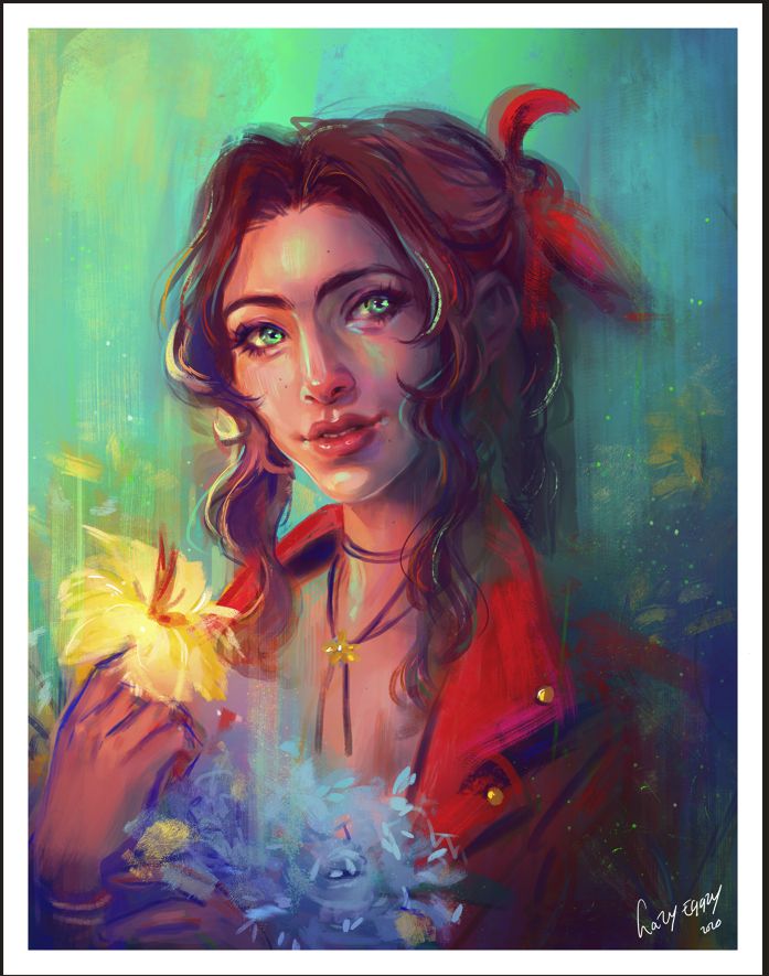 A colourful digitally painted portrait of Aerith from Final Fantasy 7, holding a bouquet of flowers.