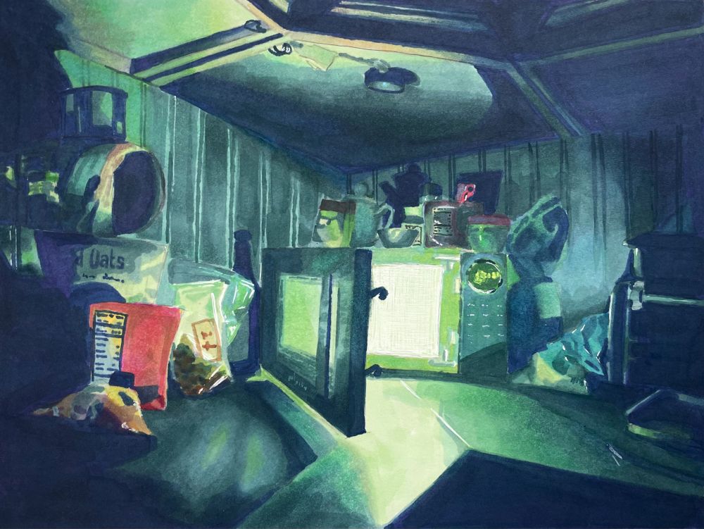 marker drawing of a kitchen corner lit only by an open microwave, casting a blue-green glow and deep blue shadows onto the surrounding countertops and undersides of cabinets above. various food packages are arranged on top of the microwave and on the countertop and a shelf to the left. on the right, mostly in shadow, is a toaster oven with a glass baking dish on top and a sheet pan on the counter in front.