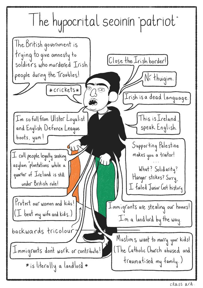 Drawing of a man in a black hoodie, black tracksuit bottoms, a black beanie, and black runners, holding a backwards Irish tricolour, surrounded by many speech bubbles
