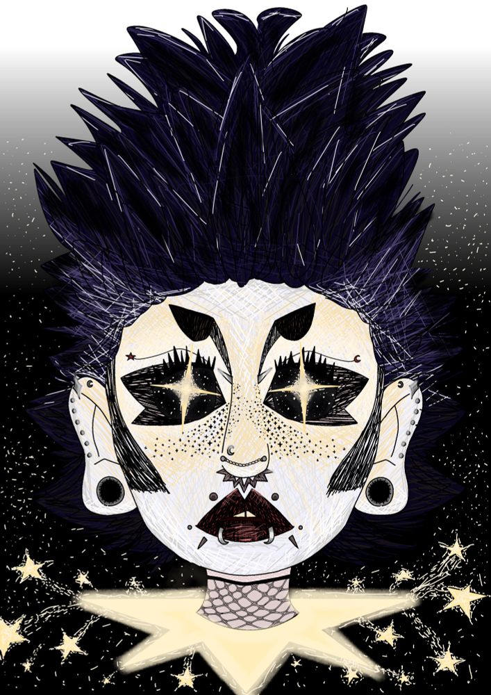 goth headshot in a void surrounded by stars with starry eyes