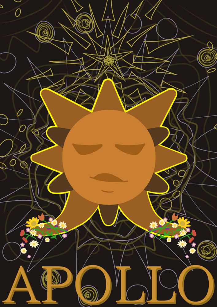 a simple orange sun looking content, outlined in neon, with flowers falling from hand-like sunbeams. the background is dark with overlapping thin lines of geometric designs, and text at the bottom says “Apollo” 