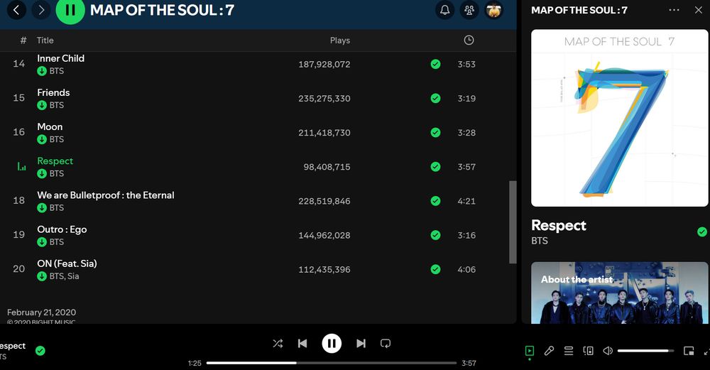 screen shot of BTS Album called MAP OF THE SOUL: 7. Song called Respect is playing.