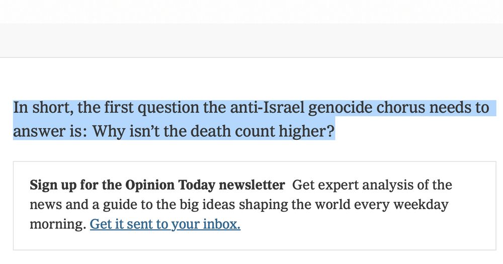 From Human-Sized Colostomy Bag Bret Stephens' Opinion Piece in the New York Times: "In short, the first question the anti-Israel genocide chorus to answer is: Why isn't the death count higher?"