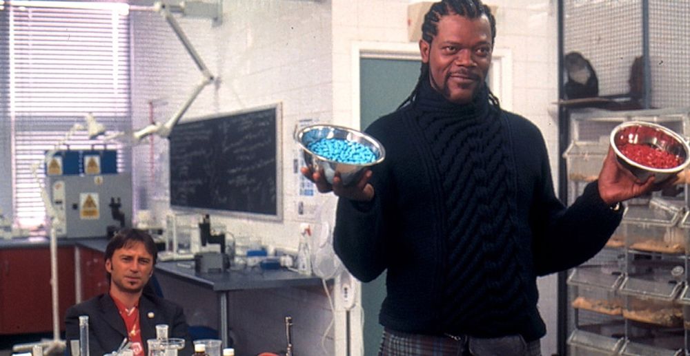Samuel L. Jackson in "Formula 51," where he's holding two bowls of fun & exciting pills he's made