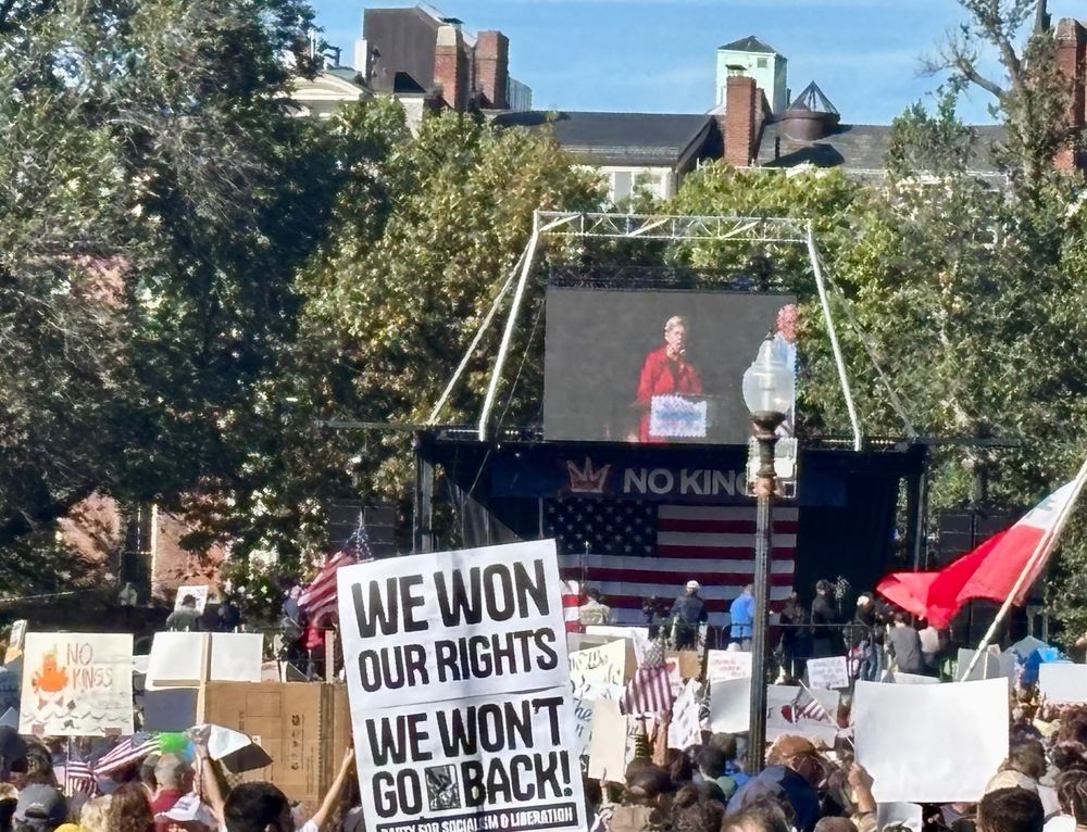 Photo of Senator Elizabeth Warren speaking at Boston's "No Kings" rally.