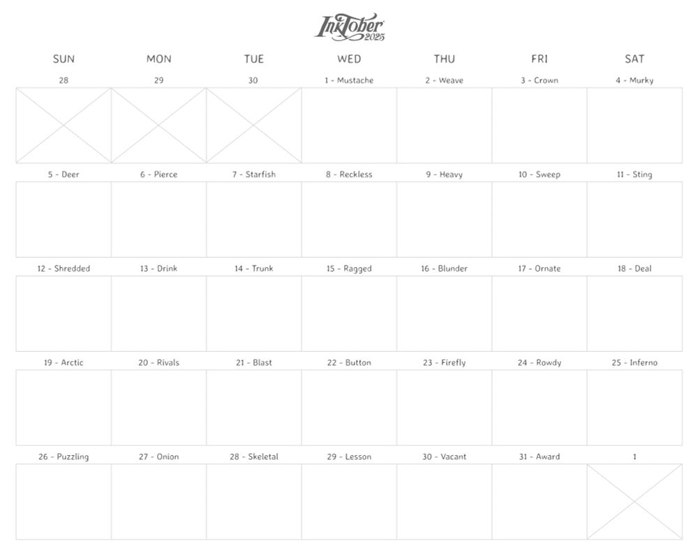 Printable calendar for the month of October 2025 with the drawing prompts from Inktober super-imposed