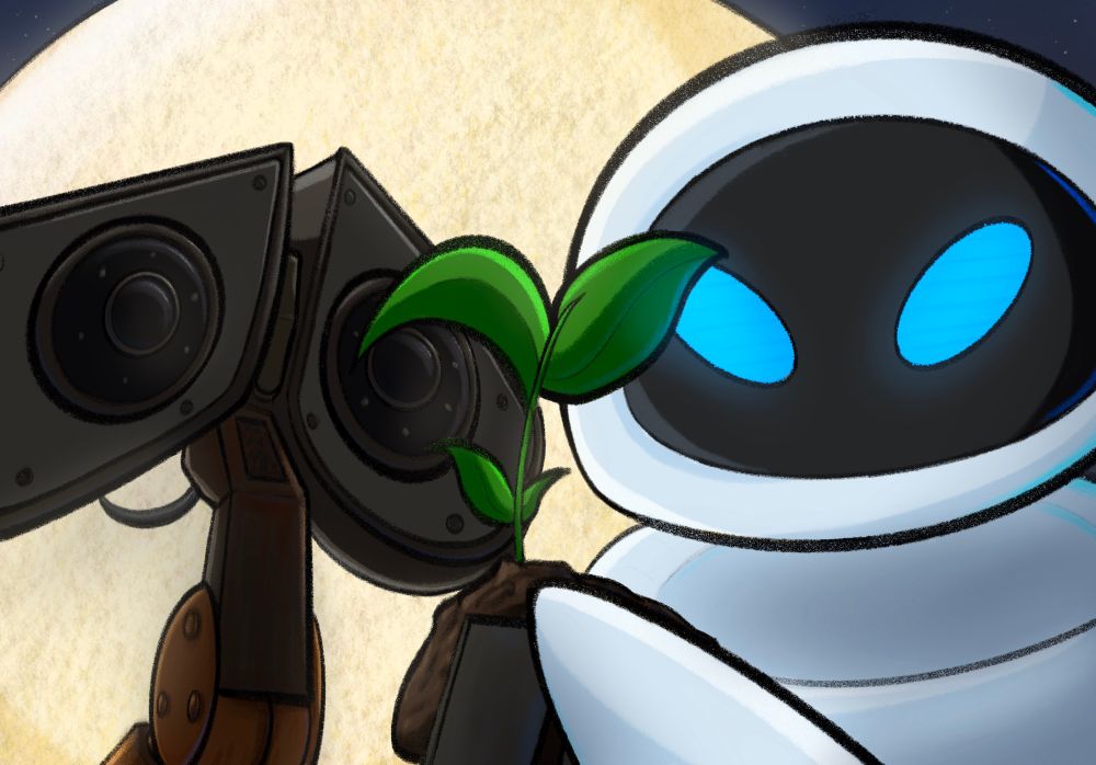 Digital illustration fanart for the Disney/Pixar movie Wall•E. With a large moon behind them and twinkling stars, Wall•E and EVE look at the plant sprout they find from Earth, using one hand so both can look at it. Zoomed close to their “faces”, they offer a hopeful look as they stare at the plant.