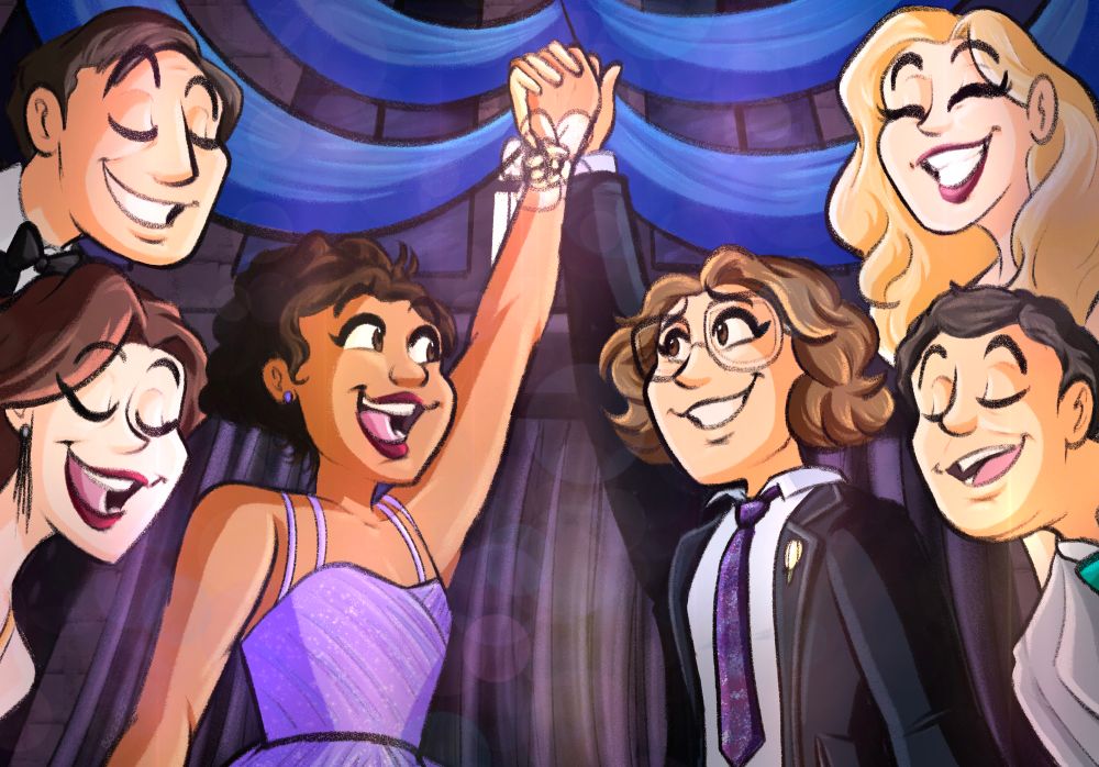 Digital illustration inspired by the Broadway musical The Prom. It features the two leads, Emma and Alyssa, holding hands triumphantly as they celebrate the prom, with the additional characters of Trent, Dee Dee, Barry, and Angie around them, looking gleeful at the dance succeeding.