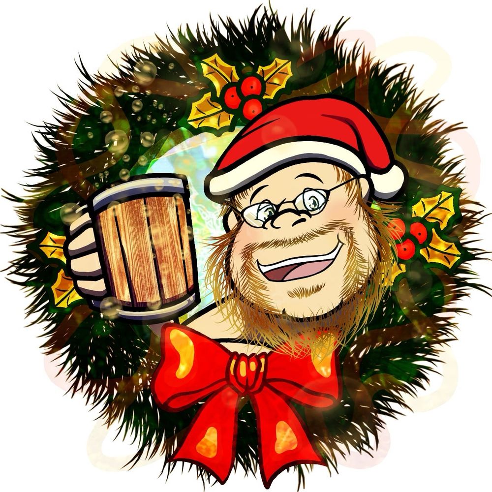 Profile pic icon. The circular border is an Xmas wreath with a large red-and-gold bow at the bottom and sprigs of mistletoe at the top, left, and right. Framed, partially within & partially overlapping the border, is the head of a fat bearded man with a big smile on his face. He’s wearing glasses and a Santa hat. He’s lifting up a wooden tavern mug in cheer.