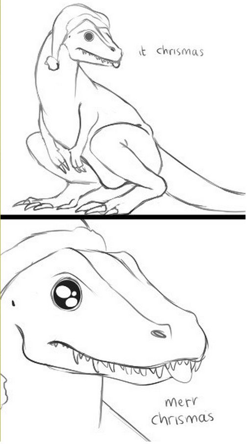 2-panel line drawing of a raptor (dinosaur) wearing a Santa hat. In the first panel, it’s crouching facing the left while its head is turned looking to the right. Written near the raptor’s mout is “it chrismas”. The second panel is a close-up of the raptor’s head/face. It has many teeth and its tongue is blepping. Written near its mouth is “merr chrismas”.