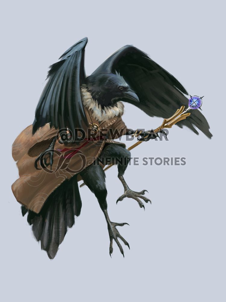 A dynamic pose of a raven-man coming in for a landing with his wings billowed. He’s wearing a brown robe with a white feathered collar and carrying an ornate staff.