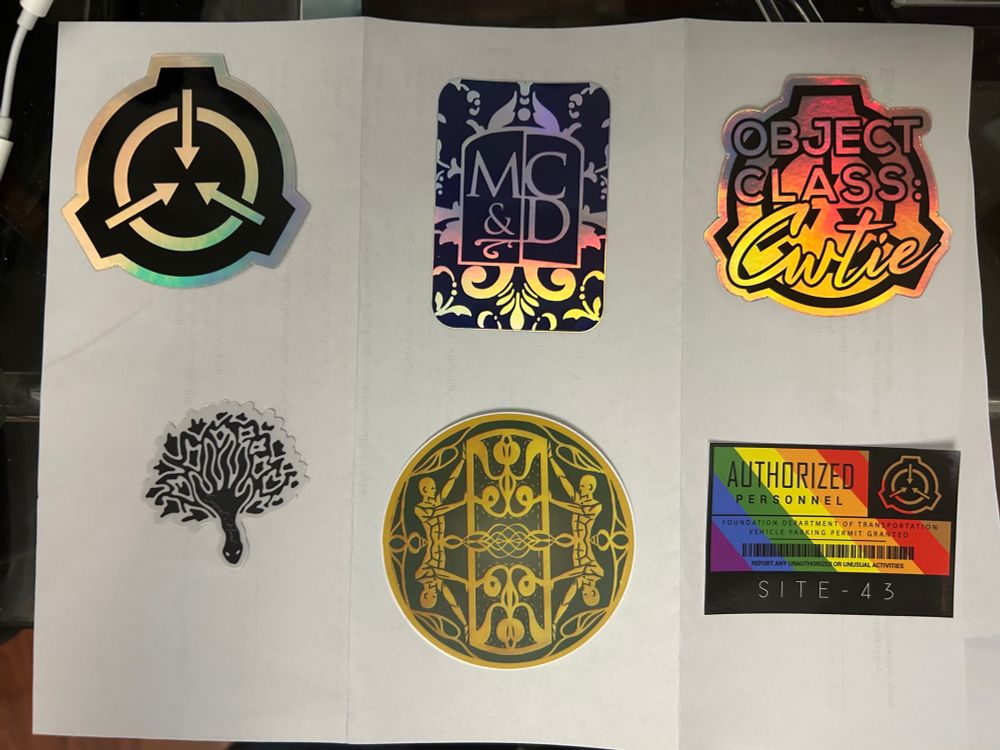 6 stickers of various SCP Foundation universe symbols and designs