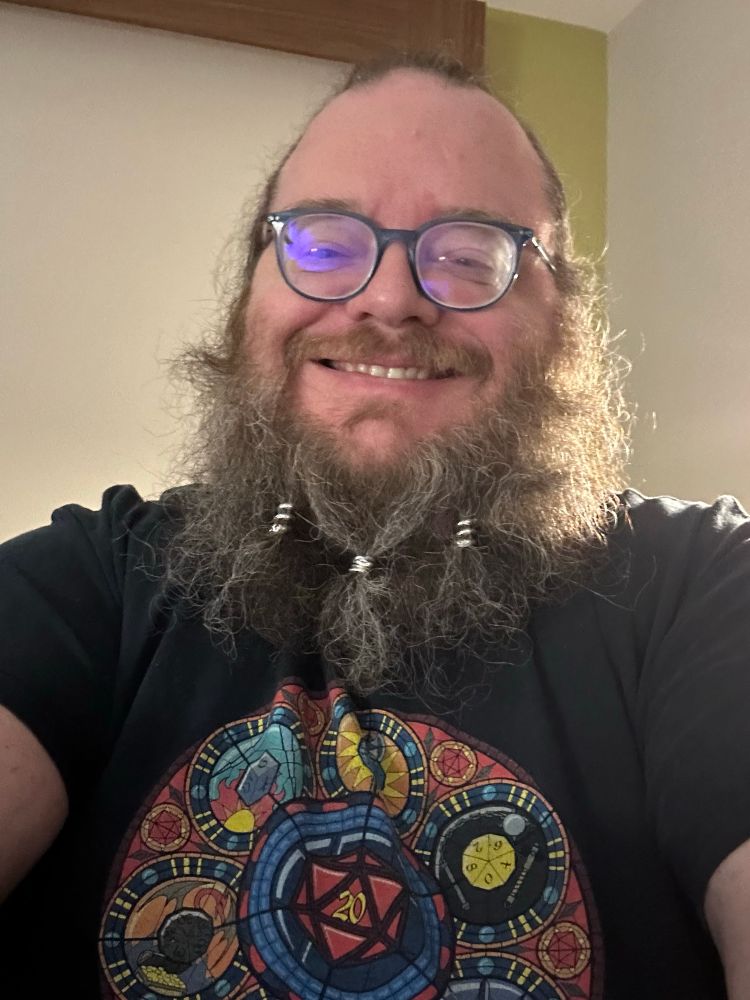 Bust of fat bearded white guy with glasses & wearing beads in his beard