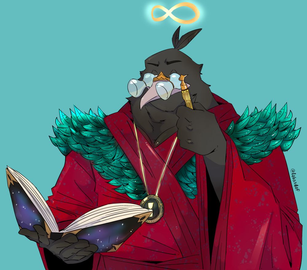Anthro raven wearing red robes that have teal/green feathers as a collat. He’s wearing a pendant with an hourglass on it and a golden infinity symbol hovers over his head. He’s looking through opera glasses that has hourglasses instead of binoculars at an open book he’s holding in his right hand. The cover of the book is a portal to deep space.