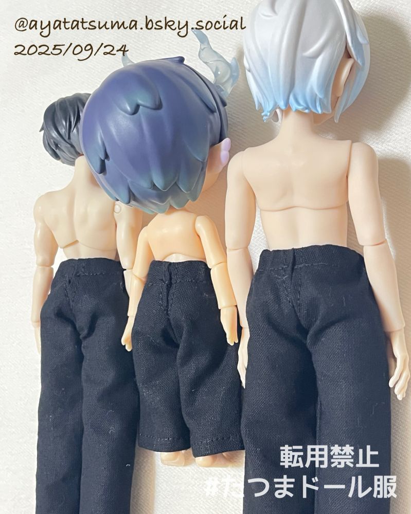 ブラインドドール3体に自作の黒いズボンを履かせている後ろ姿

左→シチリアの追憶・フェデリコ
中央→penny's box B03ボディ+龍と出会い夢・尋淵ヘッド
右→ZACK event 異色メイド長