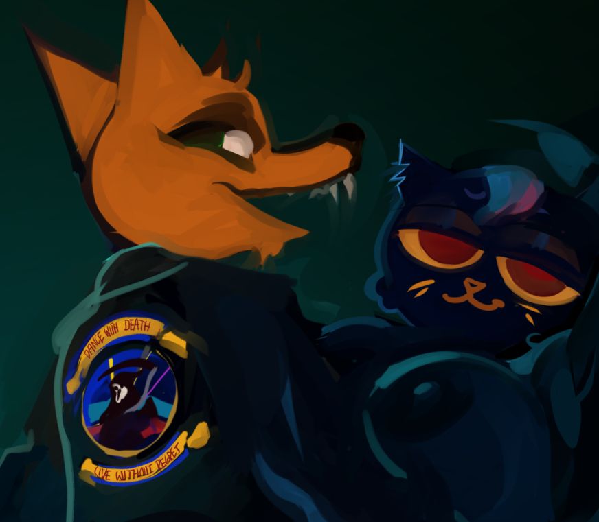 A digital painting of Gregg Lee and Mae Borowski from Night in the Woods. Gregg and Mae look towards the camera, the latter is undressed and sports a new hairstyle. Gregg's leather jacket has a patch on the back, a Grim Reaper with the embroidered text "Dance with Death / Live without Regret".
