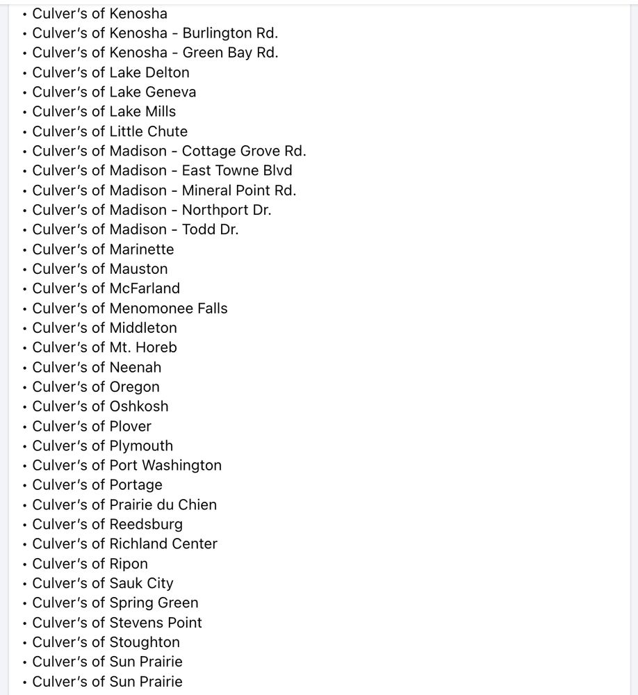 List of Culvers locations participating in a fundraiser for Abundant Life Christian School
