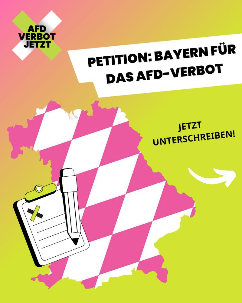 SharePic PETITION: BAYERN FÜR DAS AFD-VERBOT - JETZT UNTERSCHREIBEN!
Darunter ist der Umriss von Bayern abgebildet. Die Fläche ist im Muster der Bayrischen Flagge ausgefüllt, allerdings mit pinken statt blauen rauten. 