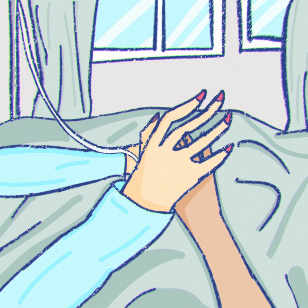 digital drawing of kamille with his nails painted pink and fa holding up his hand to show it off. kamille is in a hospital bed. 