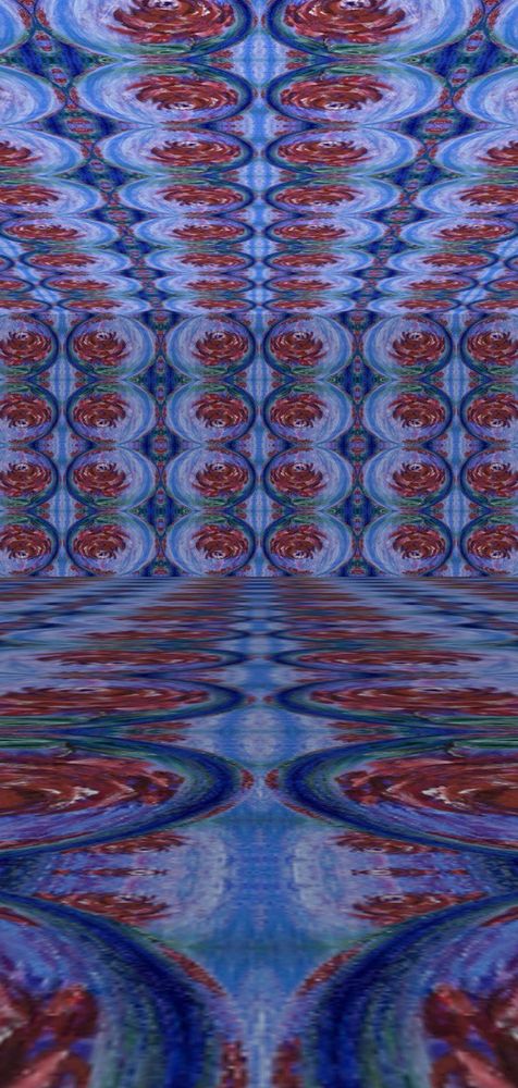 Kaleidoscope pattern created from an acrylic painting of a red rose. The image forms a room-like illusion, with repeating circular rose shapes in blue and violet tones extending across the floor, walls, and ceiling, creating a sense of depth and reflection.