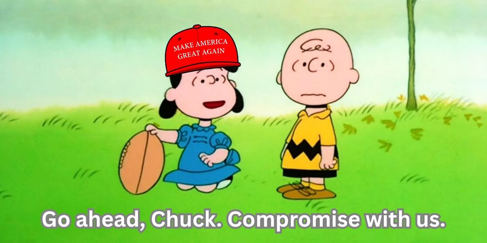 Charlie Brown wears a maga hat. She's in the classic football scene, lining up the ball for Charlie Brown to punt. Dialogue below says, "Go ahead, Chuck. Compromise with us."