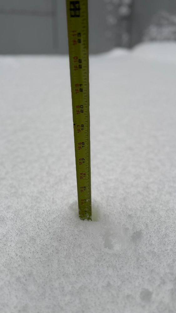 A tape measure indicating just over a foot of snow 