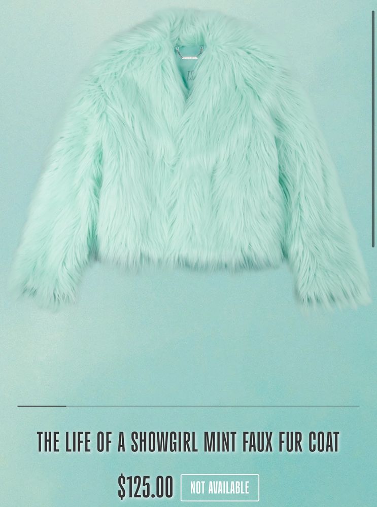 screenshot from Taylor's website depicting a mint faux for coat for $125
