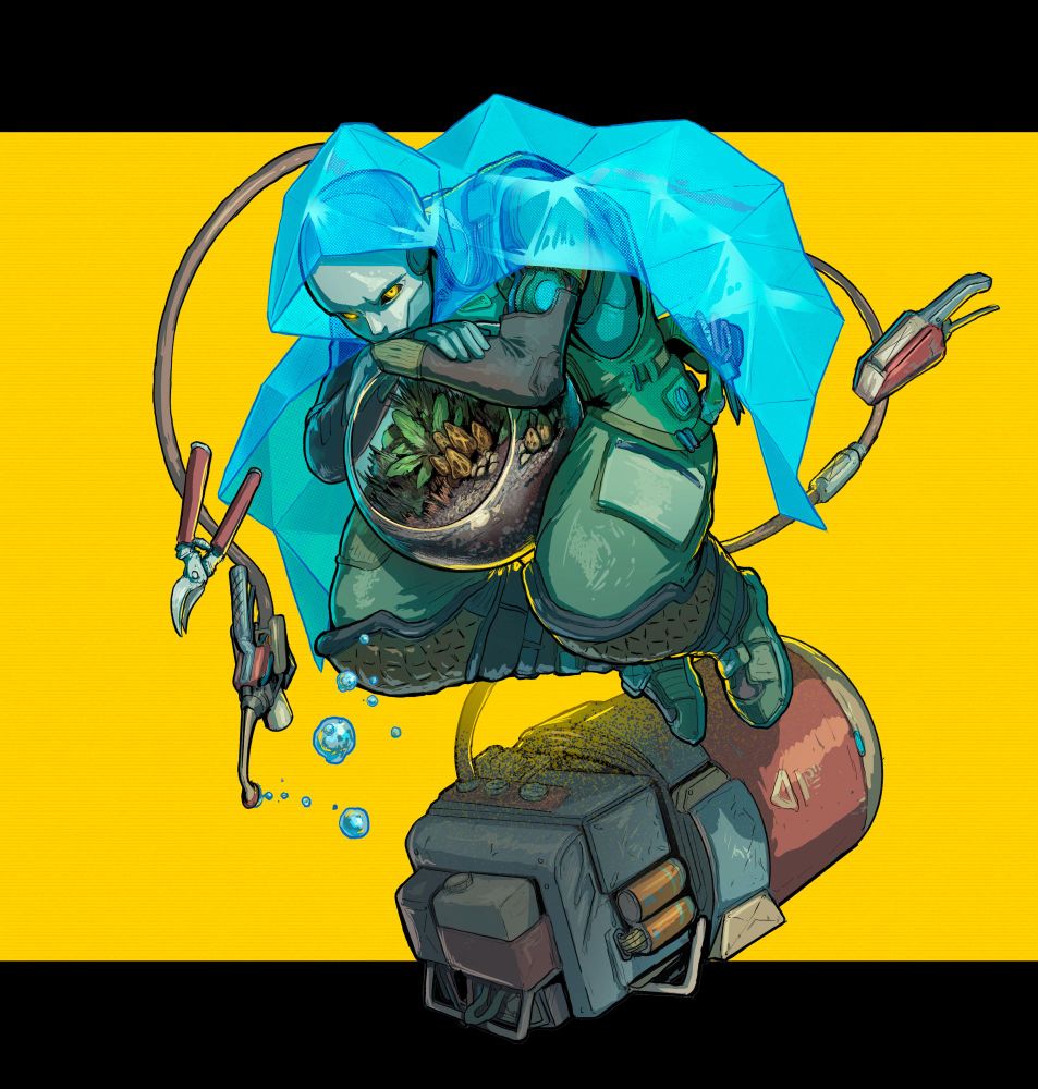 A Sleeper from Citizen Sleeper hunched in a fetal position in zero g, clutches an open terrarium growing plants and mushrooms. Their tools float around them in in the air, along with droplets of water spilling from their irrigation tank. The sleeper is clad in overalls and a mylar cloak to keep their electronic components dry.