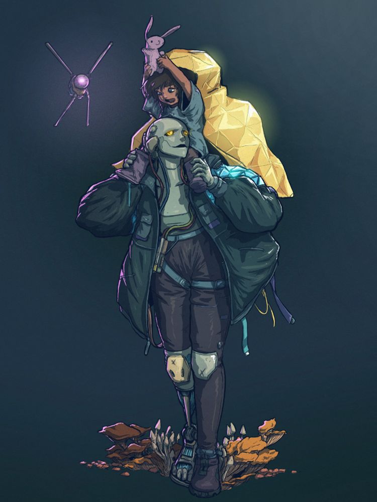 A piece of fan art depicts a Sleeper from Citizen Sleeper and their drone, with Mina on their shoulders. Mina has her mylar blanked on and is holding up a stuffed rabbit above her head. Mushrooms grow at the sleeper's feet.
