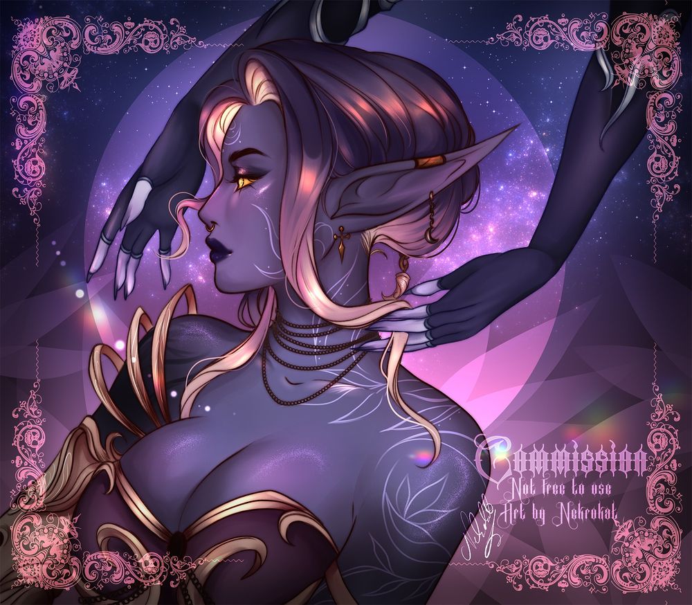 Purple haired elf, looking to the side. Her partner is caressing from above, stroking her hair gently. 