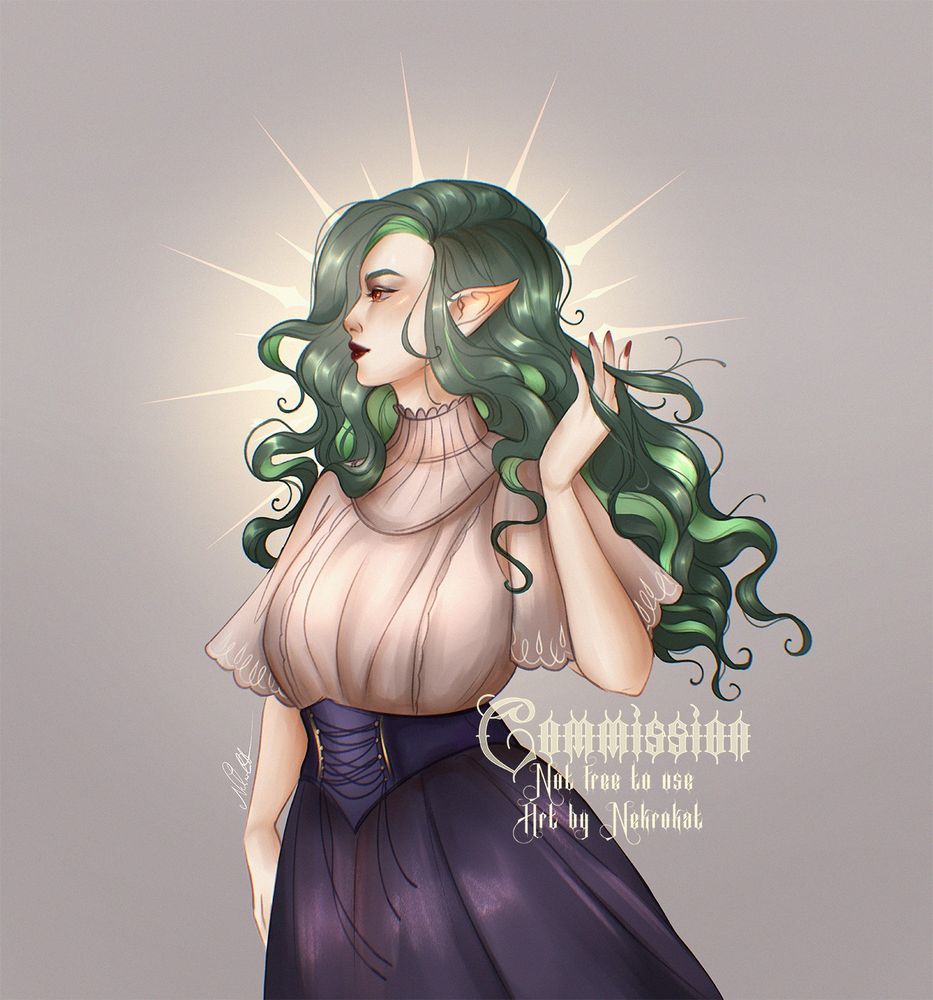 Meadow, the dhampir lady posing, facing to our left. She has an off-white blouse on with a small corset around her waist, and a comfortable skirt on.