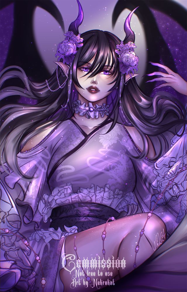 A purple dragon lady with a kimono full of frills and floral patterns. She has a slightly judgmental expression. Half body artwork, commissioned by Tiny Assistant. 