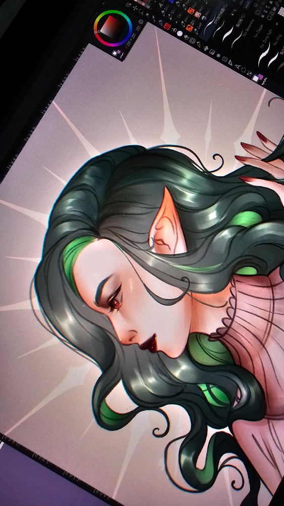 Zoomed in photo of a drawing in the art program, Clip Studio Paint. 