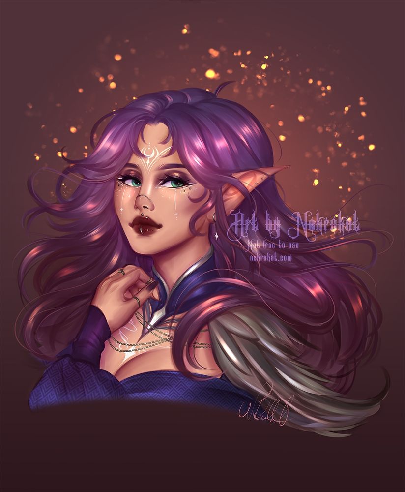 A purple/brown haired elf, side profile view. She has green eyes, and has multiple piercings and white tattoos.