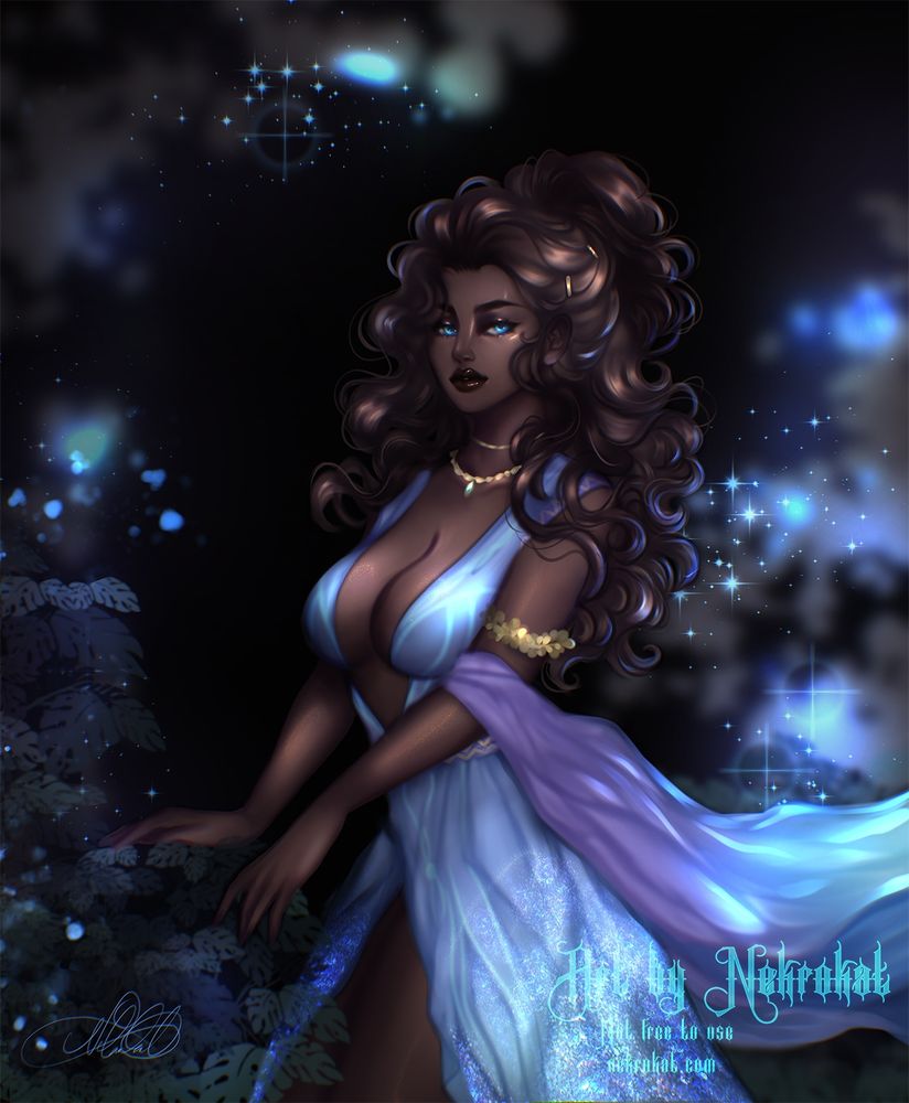 Soliana Zariyah, character with lots and lots of curly hair posing elegantly, in a dark garden inspired scene which has blue sparkles and glowy bits. She wears a light blue dress with a flowy shawl that is wrapped around her arms (original dress design by Chairae).
She has a few faded gold accessories on her neck and arms.