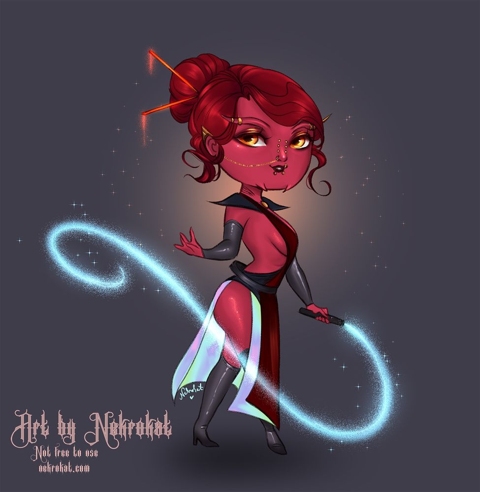 Sith pureblood lady with elegant dress, full of golden piercings. She uses a lightwhip