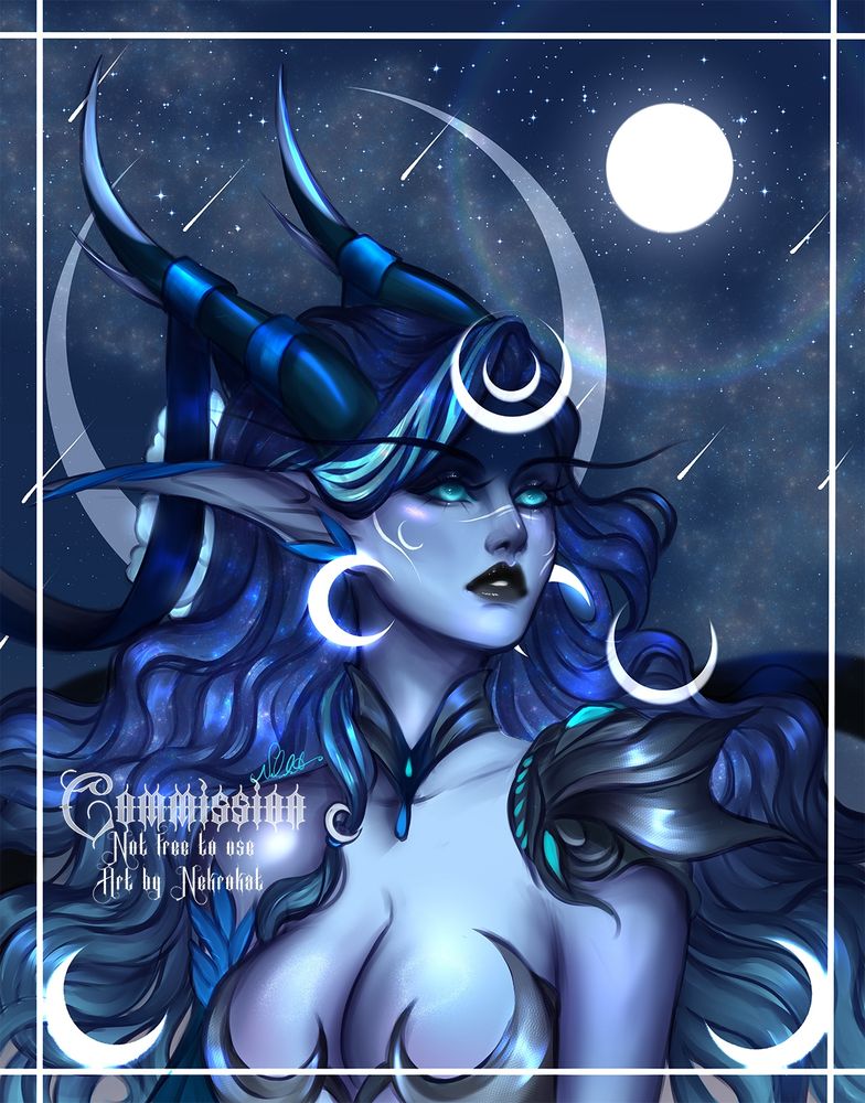 Night elf visaged dragon lady with long ears, and blue features. She's looking to the sky where there are multiple comets and a bright, full moon. 