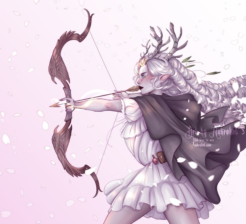 Elf with pale white, rose and plum color palette. My original chracter, design by Derikka.
She's holding her bow, ready to strike her magical arrow. She has curly hair, white dress, and a faded brown cloak on. Her antlers (4 of them) are made of birch tree.