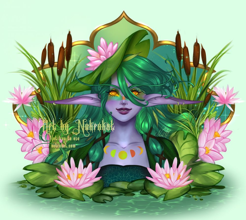 Symmetrical portrait - a past bluesky giveaway prize made for Natchyart.
Purple skinned night elf character with green hair, yellow eyes and green-yellow-tangerine markings/tattoos on her face and chest area. She wears a lilypad beret, surrounded with waterlilies and cattail.