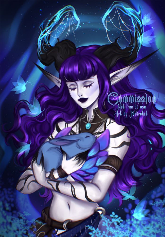 Purple haired satyr with big horns (design by Fro) holding a magical blue bunny. 