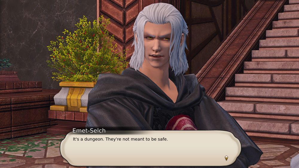 A screenshot from Final Fantasy XIV. A close up of Emet-Selch. A text box reads "Emet-Selch: It's a dungeon. They're not meant to be safe." 
