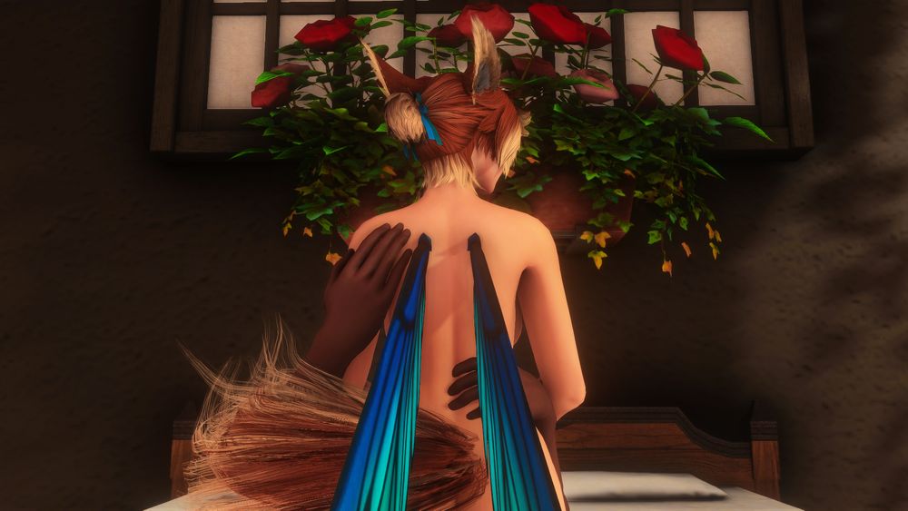 A screenshot from Final Fantasy XIV. Katt sits with her back to the viewer, wings against her back. She looks back slightly as Lahabrea's hands reach up to hold her gently. 