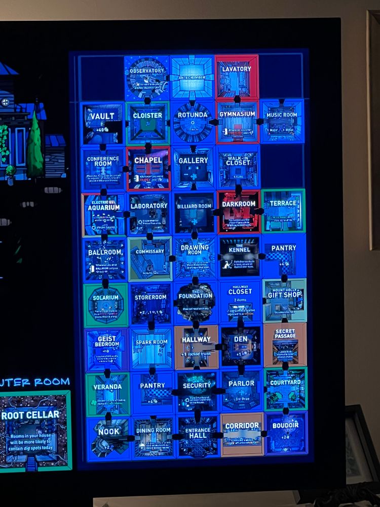 The game board for the video game The Blue Prince, all but three of the room squares are filled. 