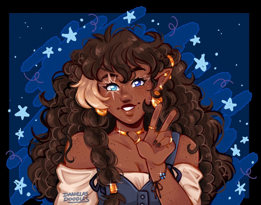 illustration of my original character behind a stary background, smiling and give the peace sign