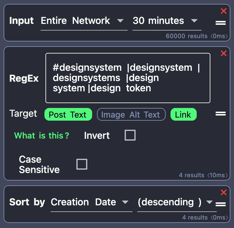 A screenshot of the regex and settings of the design system feed. The regex are: #designsystem|designsystem|designsystems|design system|design token